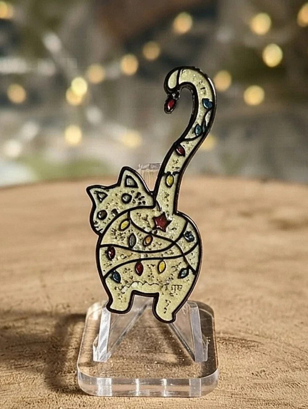 Cute Glitter Christmas Lights Cat Butt Enamel Pin, Funny Holiday Kitten Lapel